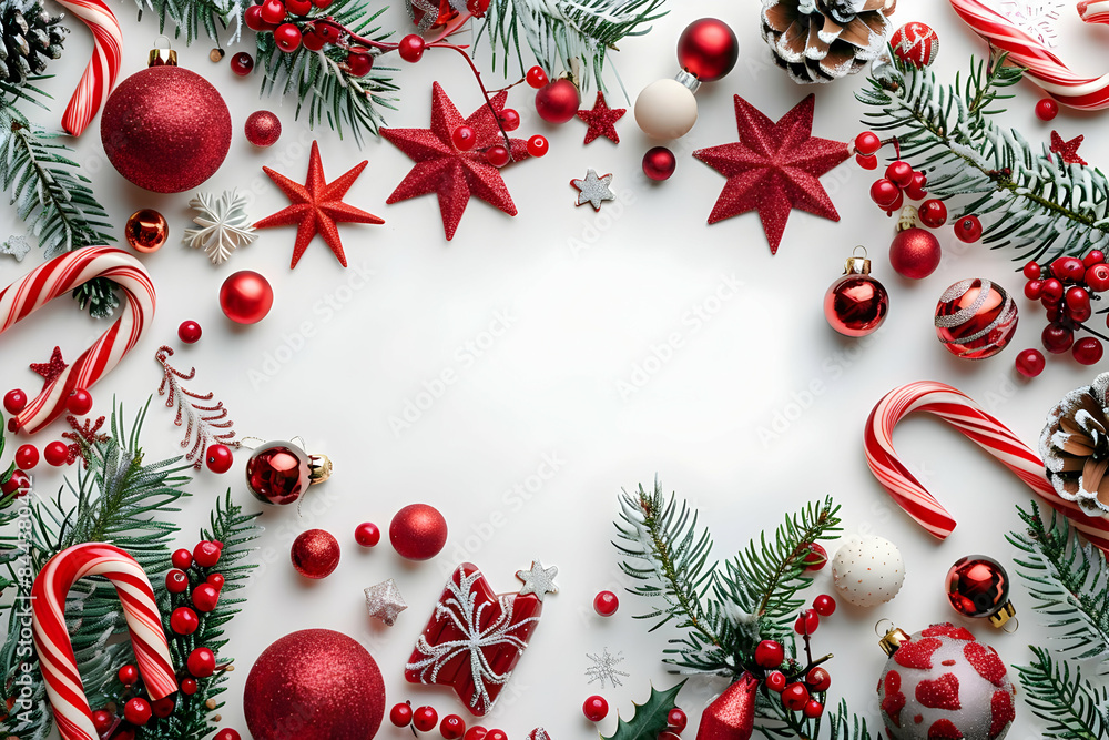 Festive Christmas frame with red and white ornaments, candy canes, and pine branches on a white background. Festive Christmas frame with red and white ornaments, candy canes, and pine branches on a white background.