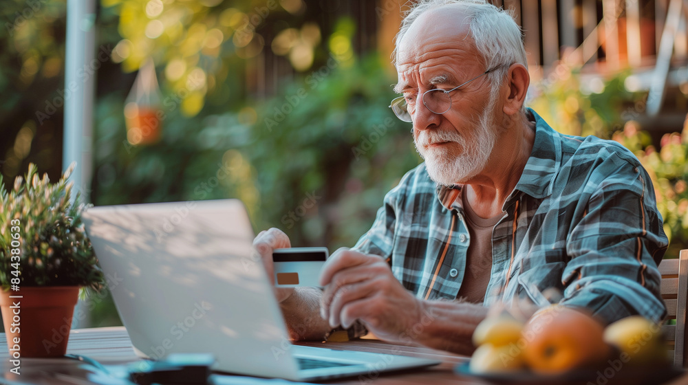 Obraz premium Senior Man Enjoying Black Friday Online Shopping | Joyful Elderly Male Browsing Laptop, Making E-commerce Purchases with Credit Card