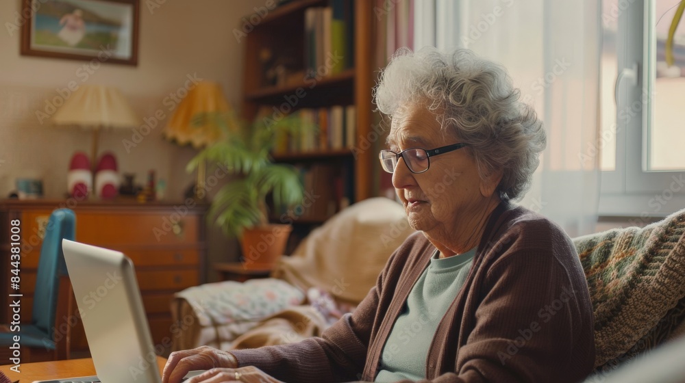 Senior woman participating in an online exercise class via laptop in her living room. Senior woman participating in an online exercise class via laptop in her living room.