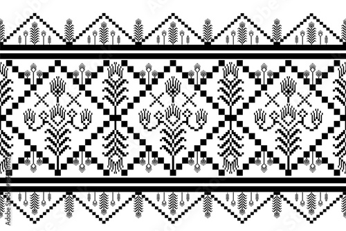 Geomatiric ethnic embroidery floral pattern with black and white.