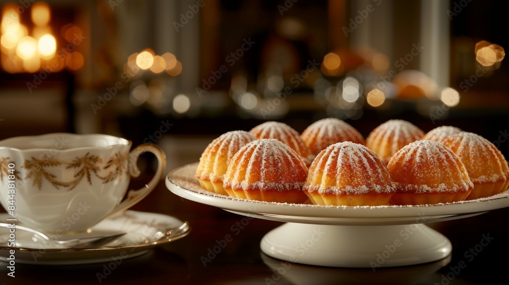 Madeleines: A plate of delicate madeleines with their characteristic shell shape, lightly dusted with powdered sugar. Traditional French pastry.