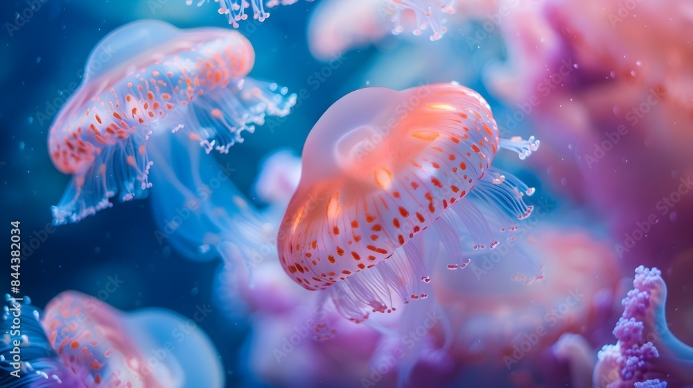 Underwater Jellyfish in Blue Ocean with Luminescent Glow Underwater Jellyfish in Blue Ocean with Luminescent Glow