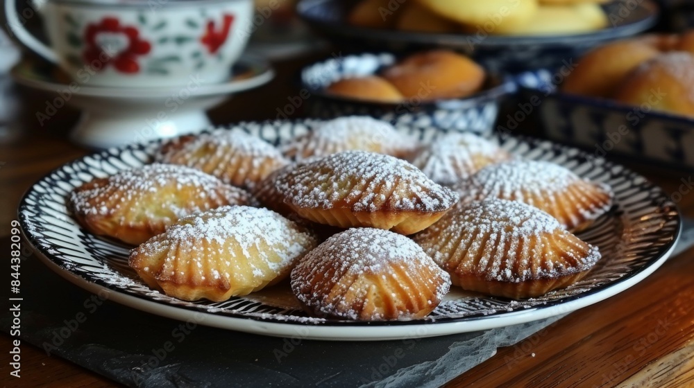 Madeleines: A plate of delicate madeleines with their characteristic shell shape, lightly dusted with powdered sugar. Traditional French pastry. Madeleines: A plate of delicate madeleines with their characteristic shell shape, lightly dusted with powdered sugar. Traditional French pastry.