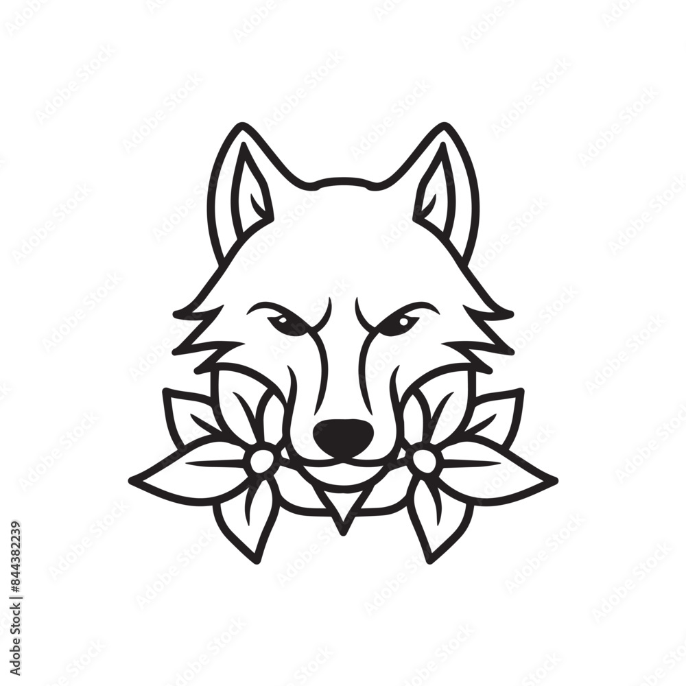 Illustration of simple fierce wolf head and flower Illustration of simple fierce wolf head and flower