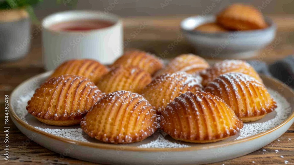 Madeleines: A plate of delicate madeleines with their characteristic shell shape, lightly dusted with powdered sugar. Traditional French pastry. Madeleines: A plate of delicate madeleines with their characteristic shell shape, lightly dusted with powdered sugar. Traditional French pastry.