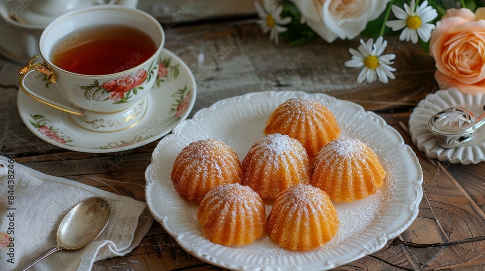 Madeleines: A plate of delicate madeleines with their characteristic shell shape, lightly dusted with powdered sugar. Traditional French pastry. Madeleines: A plate of delicate madeleines with their characteristic shell shape, lightly dusted with powdered sugar. Traditional French pastry.