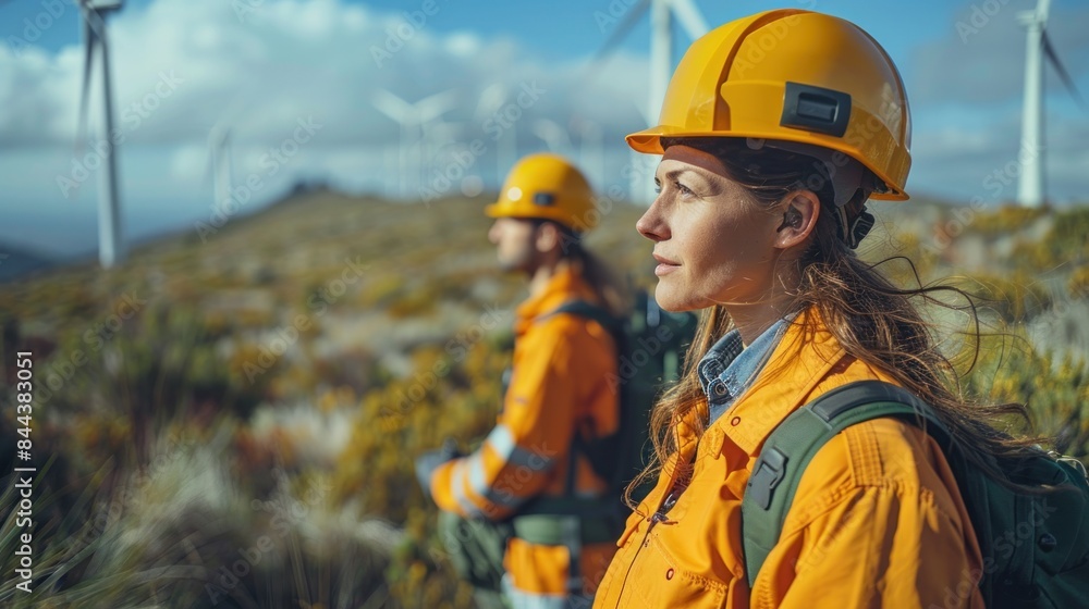 Engineer inspecting wind turbine operation for efficiency. Engineer inspecting wind turbine operation for efficiency.