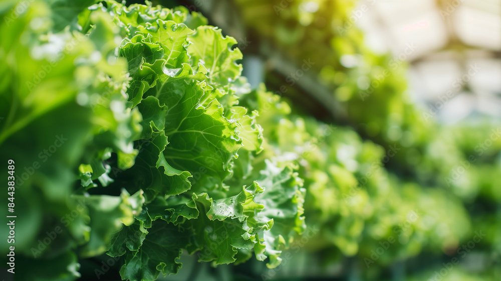 Close-Up Portrait of Vertical Farm Facility, Lettuce Growing Vertically in Stacked Layers Under Natural Light