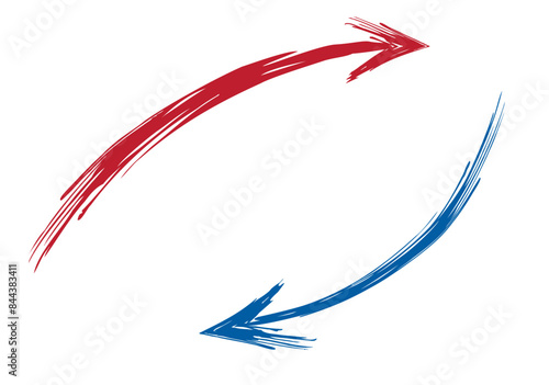手描き筆タッチのざっくり矢印素材/カーブ上下/赤・青