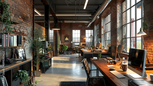 contemporary loft office. A large open office space with a lot of natural light and plants.Workplace modern offices building. copy space for text.
