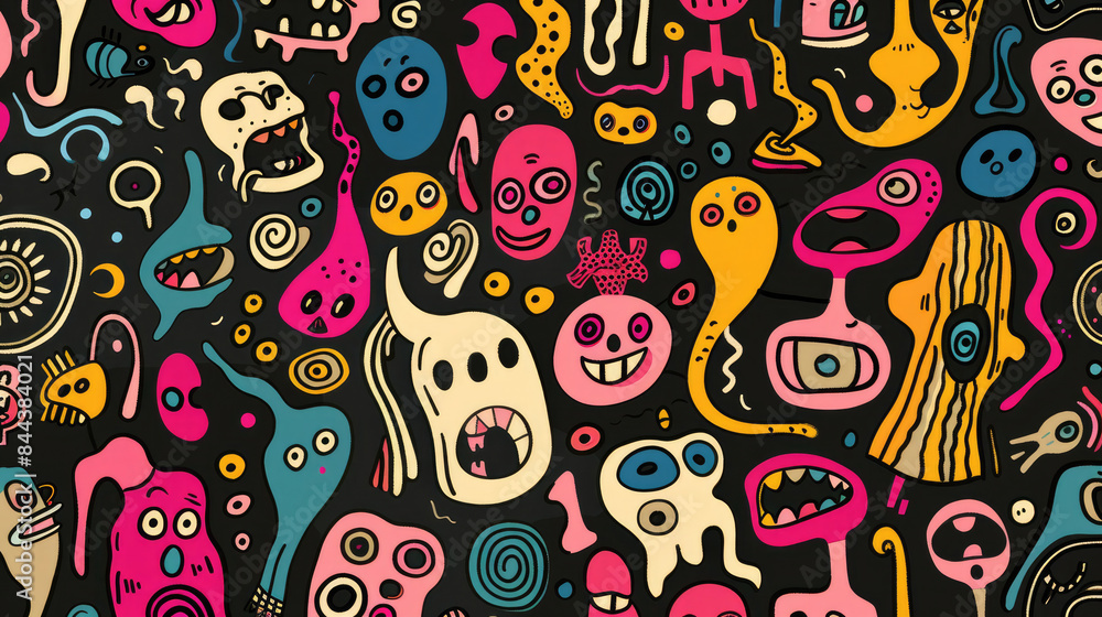 Naklejka premium Colorful Funky Doodles Pattern. Whimsical and Fun Art Design