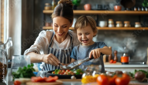 Mother and daughter are cooking together in the kitchen with great enthusiasm and joy