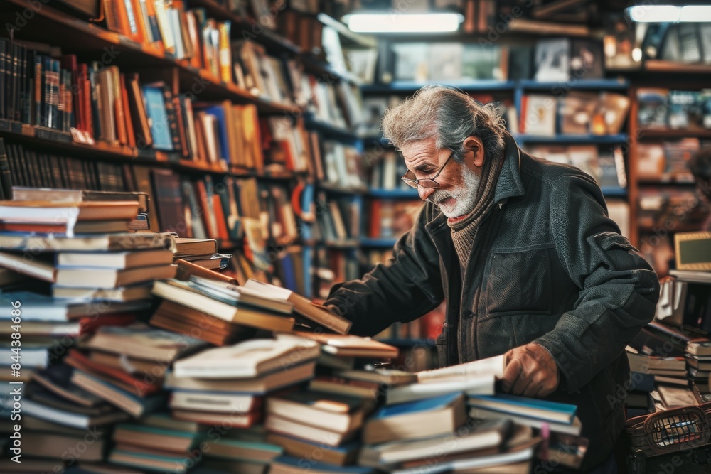 A Man Browsing Through Mountains of Books in a Dusty Used Bookstore A Man Browsing Through Mountains of Books in a Dusty Used Bookstore