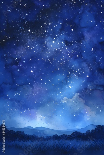 Watercolor painting of a night sky full of stars shining over a dark landscape with hills and trees background © bluee