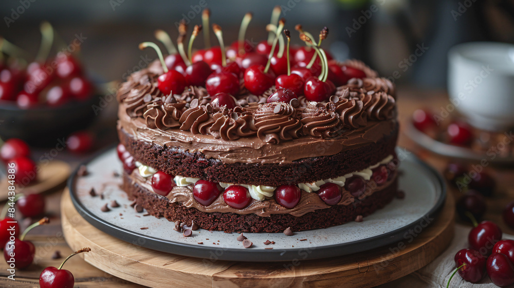Chocolate cake with cherries and whipped cream Chocolate cake with cherries and whipped cream