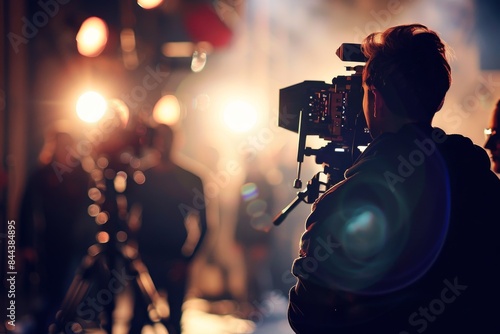 Wallpaper Mural A Cinematic Moment Captured: A Cameraman Films Under the Glow of City Lights Torontodigital.ca