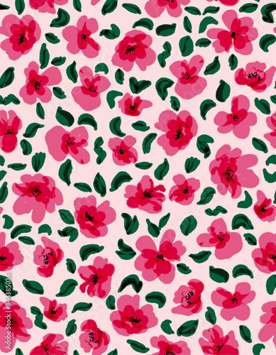 Hand drawn flowers with leaves seamless repeat pattern. Random placed, vector botany aop all over surface print. 