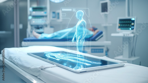 scientist It consists of a tablet that displays a 3D human body as a holographic brain that comes to life. white operating room background medical science concept