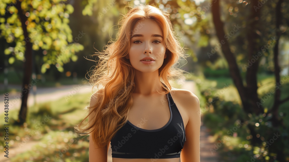 Portrait of Blonde Young Sporty Chic Style Woman Jogging in Public Park Walkway, Morning Fitness Routine Portrait of Blonde Young Sporty Chic Style Woman Jogging in Public Park Walkway, Morning Fitness Routine