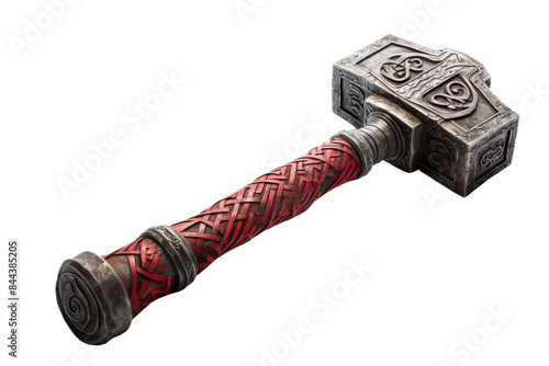 Close-up photo of a detailed, ancient-looking hammer with a red, intricately designed handle and metallic head with engravings.