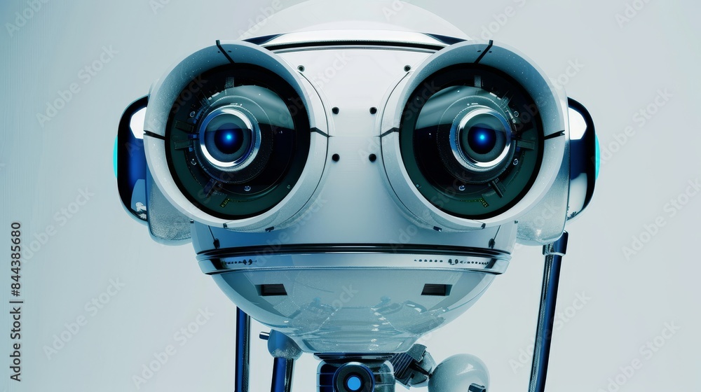 Robotic security systems theme front view highlighting surveillance innovation futuristic tone splitcomplementary color scheme Robotic security systems theme front view highlighting surveillance innovation futuristic tone splitcomplementary color scheme