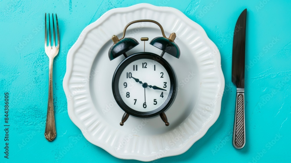 Blue alarm clock placed on a white plate. Concept of intermittent fasting, lunchtime, diet and weight loss Blue alarm clock placed on a white plate. Concept of intermittent fasting, lunchtime, diet and weight loss