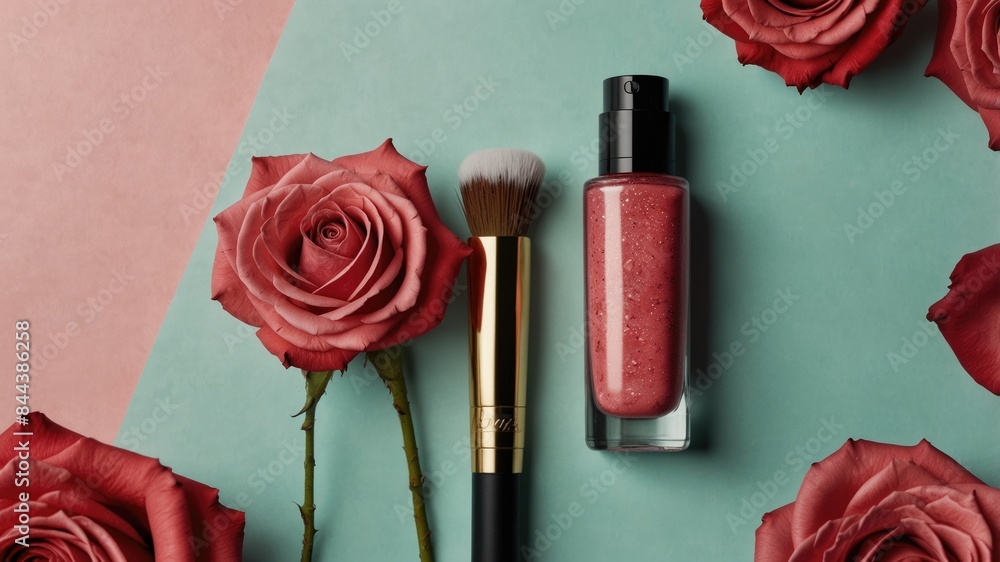 Pink and Green Background with Roses, Makeup Brush, and Bottle of Makeup Pink and Green Background with Roses, Makeup Brush, and Bottle of Makeup