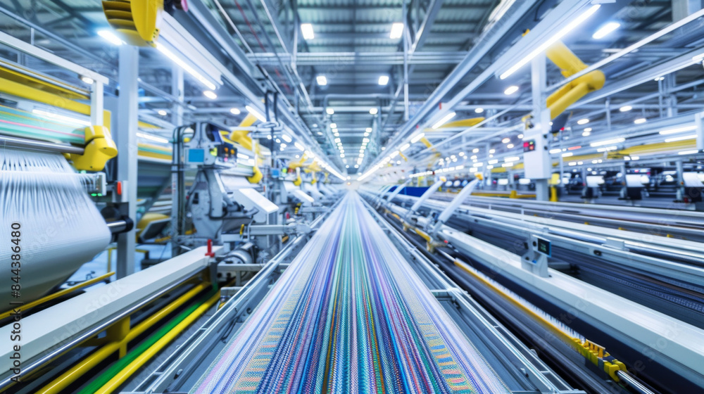A factory with a conveyor belt that is full of different colored threads A factory with a conveyor belt that is full of different colored threads