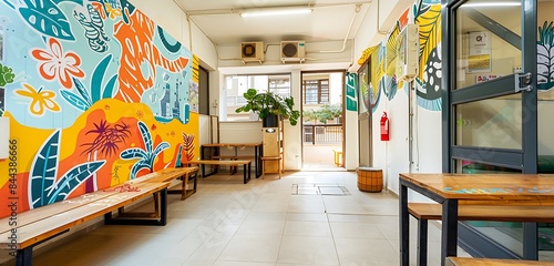 Exterior wall of a city youth hostel adorned with a small landscape street art sticker.