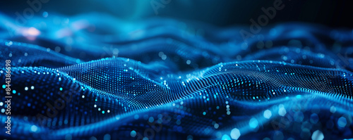 futuristic abstract blue tech background with digital waves particles artificial neural network cyber computing, Abstract blue teal data technology BG