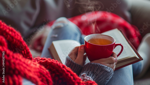 A person enjoying a cup of tea while reading a book, cupoftea, reading, relaxation photo