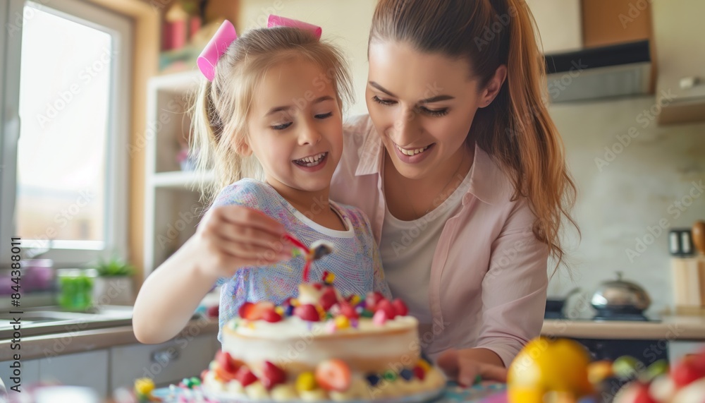 Mother and daughter are decorating a cake in the kitchen while laughing together Mother and daughter are decorating a cake in the kitchen while laughing together