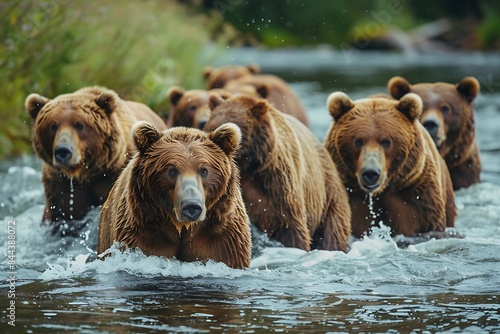 Group of Alaskan brown bears fishing in river © Arham