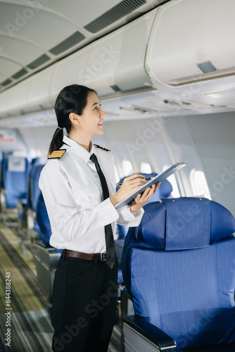 Asian Confident Feale pilot in uniform leaning at the passenger seat while standing inside of the airplane flight cockpit during takeoff photo