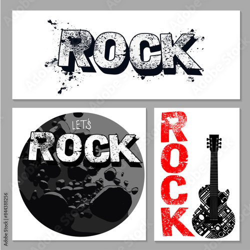 set of text rock and label guitar, vector illustration