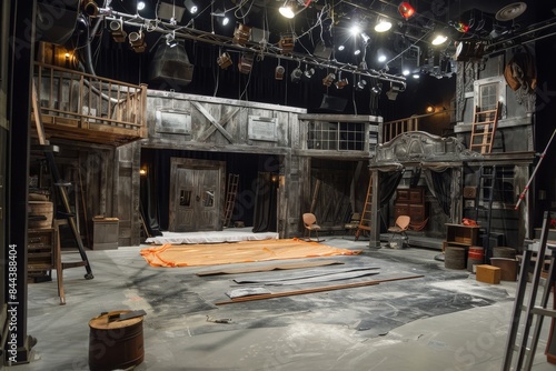 Obraz na płótnie The Empty Stage Awaits: A Backstage Look at a Theater Set Under Construction w salonie