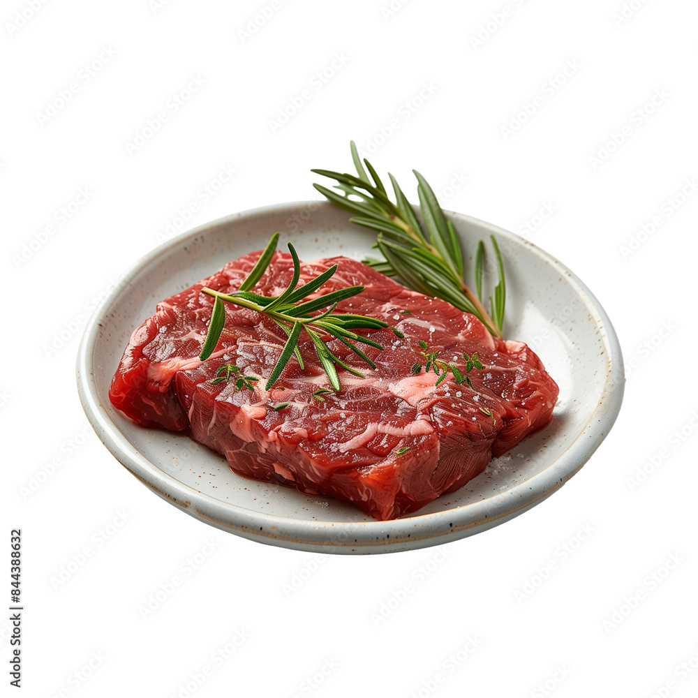 Fresh, raw meat with rosemary, on a white plate isolated on transparent background. Fresh, raw meat with rosemary, on a white plate isolated on transparent background.