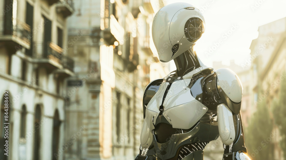 A futuristic humanoid robot in an urban setting A futuristic humanoid robot in an urban setting