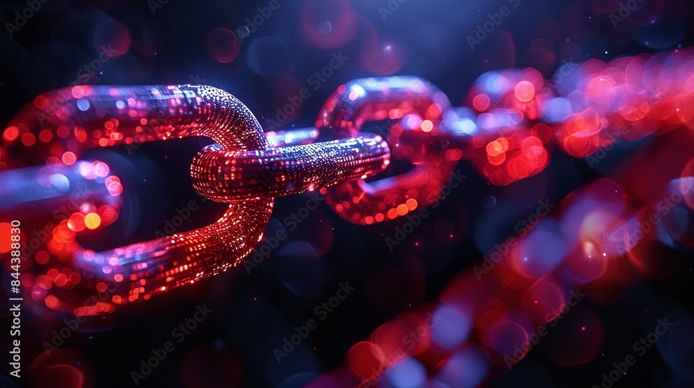 A close up shot of a metallic chain illuminated with red and blue lights A close up shot of a metallic chain illuminated with red and blue lights