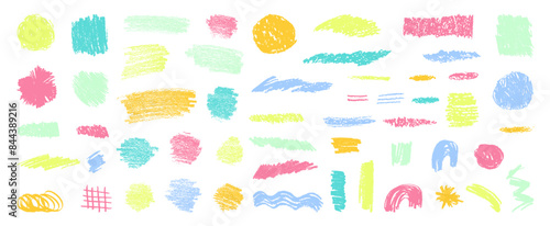 Gentle toddler naive playful shapes. Baby chalk scribbles in pastel colors. Dry pastel smears, scrawls, textures. Kids drawings on transparent backdrop. Vector handdrawn set