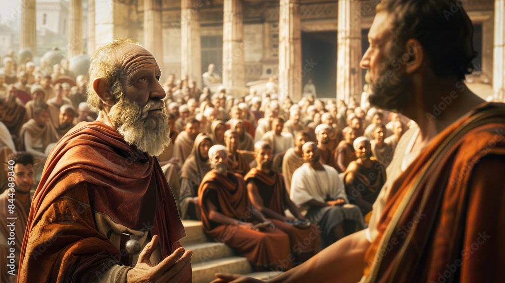 Fototapeta premium Ancient philosophers speaking to audience in a historical setting
