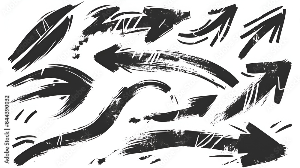 Various bold brush drawn curved arrows. Collection doodle marker thick arrows in different directions. Hand drawn vector direction pointers. Curved and wavy brush strokes with scratches. Various bold brush drawn curved arrows. Collection doodle marker thick arrows in different directions. Hand drawn vector direction pointers. Curved and wavy brush strokes with scratches.