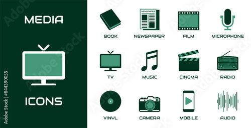 Media icon set. Collection contains book, newspaper, film, microphone, tv, music, cinema, radio, vinyl and other icons.