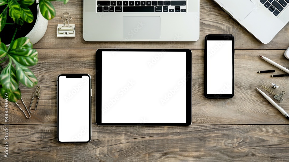 A wooden desk with a laptop, tablet, and two smartphones, all with blank screens, surrounded by potted plants and office supplies, creating a modern and organized workspace. A wooden desk with a laptop, tablet, and two smartphones, all with blank screens, surrounded by potted plants and office supplies, creating a modern and organized workspace.