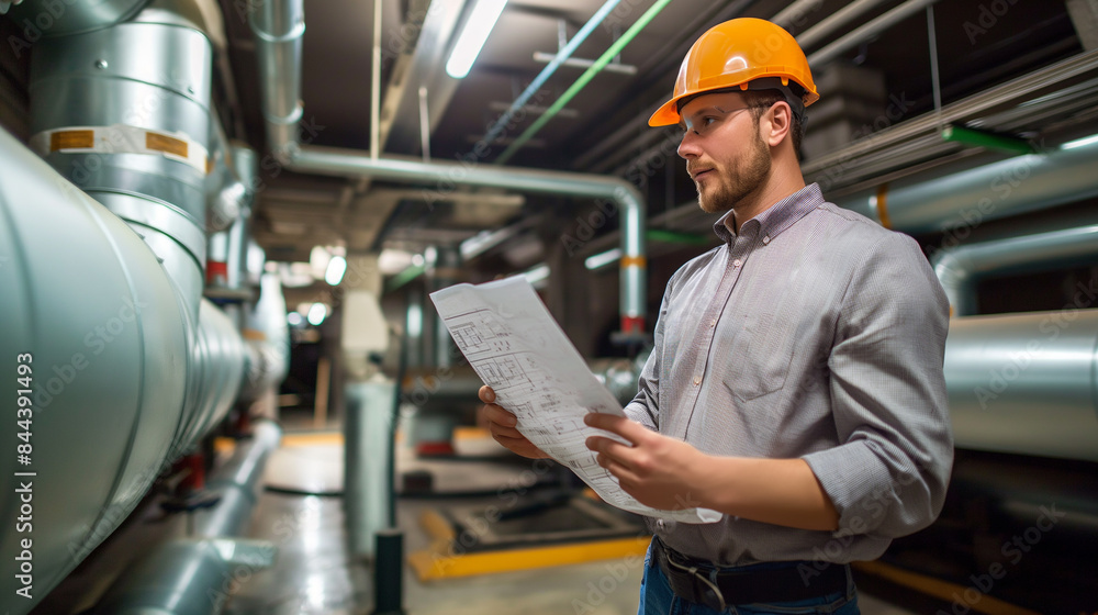 Fototapeta premium Portrait of a project manager standing in a modern industrial factory with a safety helmet on his head and protective equipment on his ears using Hold a blueprint For checking machinery