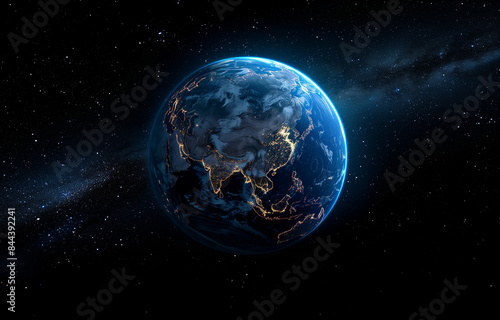Sphere of nightly Earth planet in outer space. City lights on planet earth