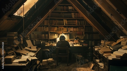 A dimly lit attic filled with old books serves as a hidden sanctuary where an author brings stories to life.