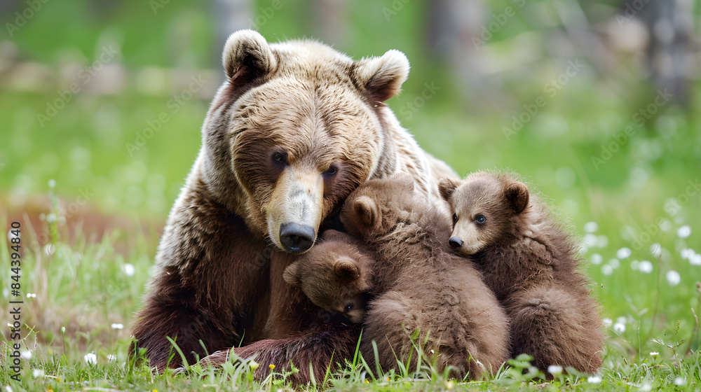 A mother bear lovingly embraces her two precious cubs in a heartwarming family moment. A mother bear lovingly embraces her two precious cubs in a heartwarming family moment.