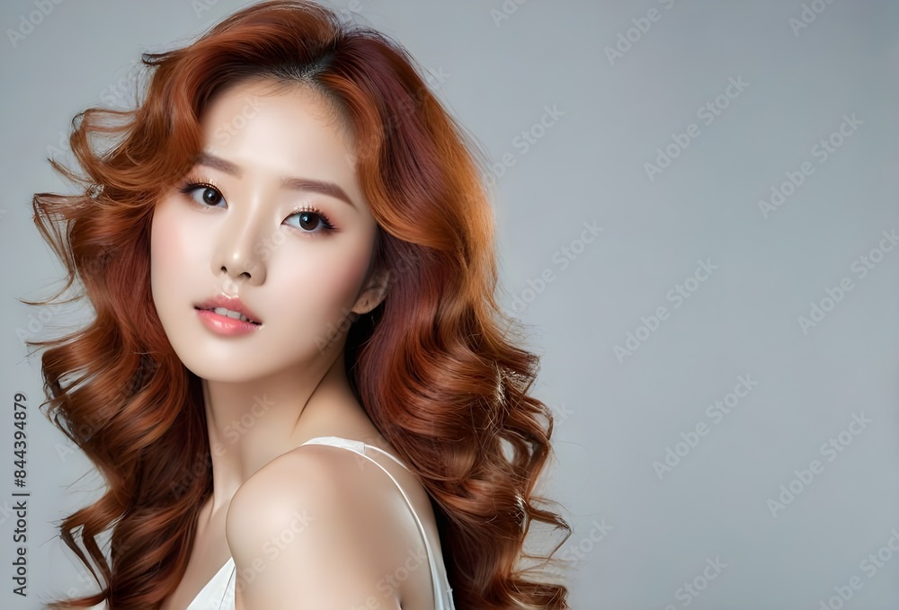 Obraz premium Red haired woman with voluminous, shiny and curly hairstyle