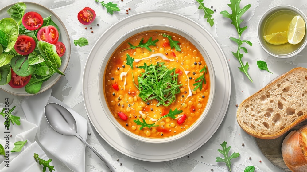 Minimal style, realistic depiction of a vegan diet meal with lentil soup, whole grain bread, and a side salad. This illustration emphasizes plant-based, balanced nutrition, showcasing the clean, Minimal style, realistic depiction of a vegan diet meal with lentil soup, whole grain bread, and a side salad. This illustration emphasizes plant-based, balanced nutrition, showcasing the clean,